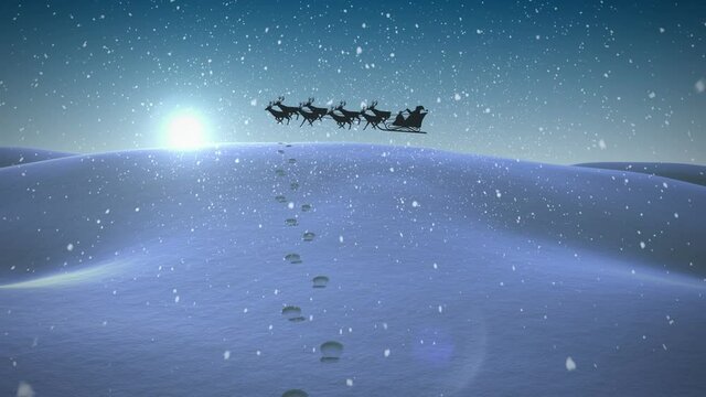 Animation of silhouette of santa claus in sleigh being pulled by reindeer with snow falling and sun 