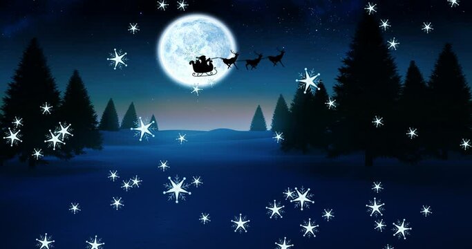 Animation of silhouette of santa claus in sleigh being pulled by reindeer with snow falling and full