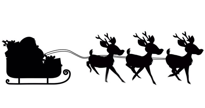 Animation of black silhouette of santa claus in sleigh being pulled by reindeer on white background