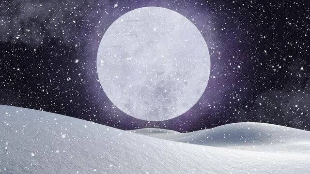 Animation of winter scenery with snow falling and full moon