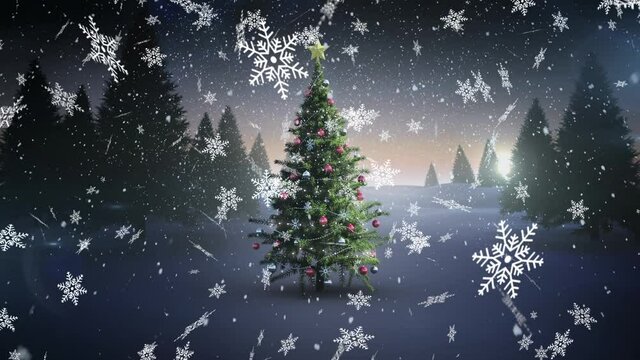 Animation of christmas tree over winter scenery and snow falling