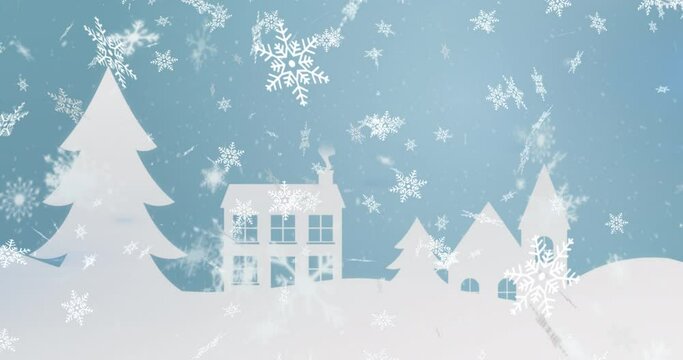 Animation of snow falling over winter scenery with trees and houses on blue background