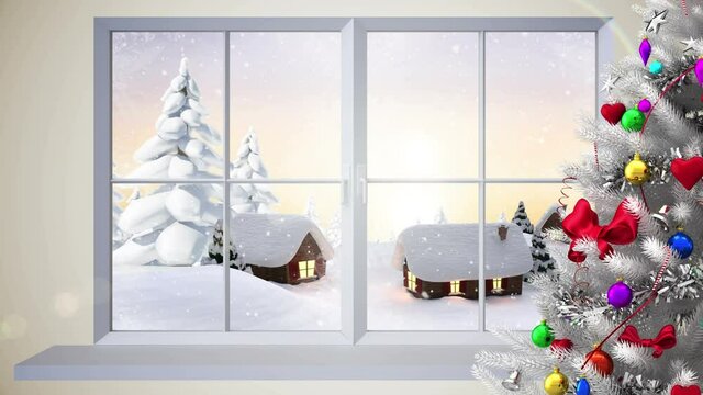 Animation of christmas tree and winter scenery seen through window