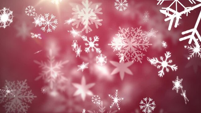 Animation of multiple snowflakes falling on red background