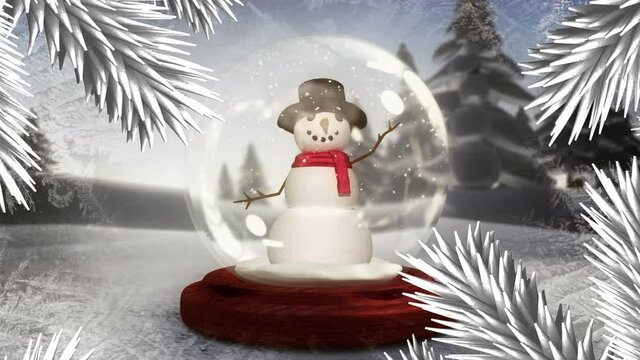 Animation of christmas snow globe with snowman over winter scenery and white fir tree branches