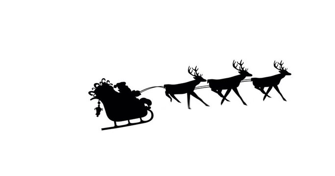 Animation of black silhouette of santa claus in sleigh being pulled by reindeer on white background