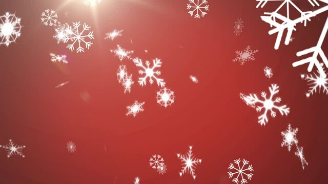 Animation of snowflakes falling with glowing light on red background