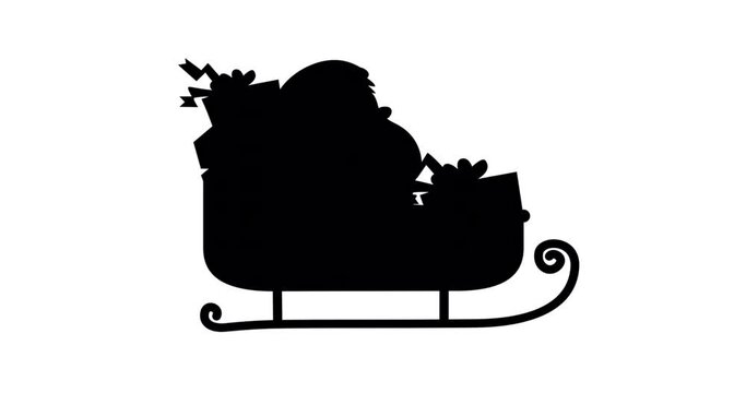 Animation of black silhouette of santa claus in sleigh moving on white background