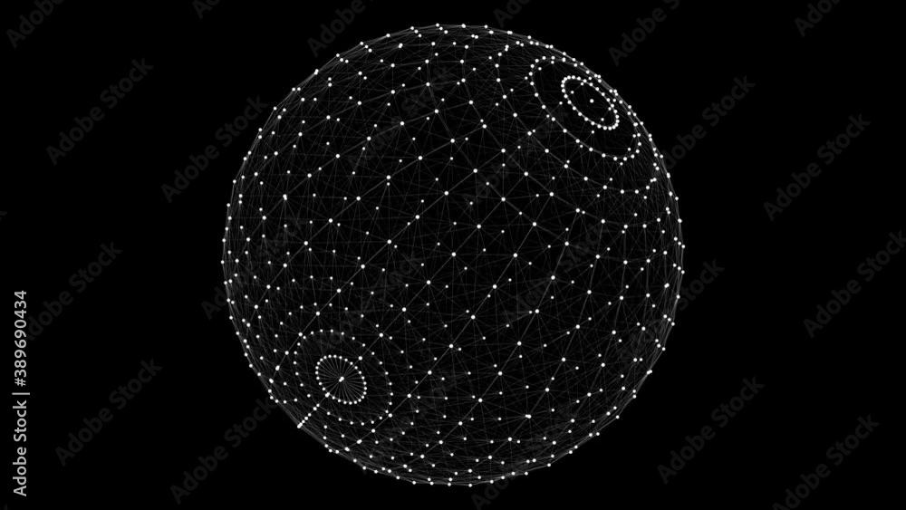 Poster 4k animated 3d wireframe sphere rotating on its axis on a black background.3d rendering