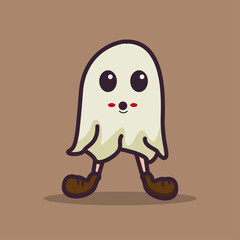 Illustration vector graphic of happy ghost shoe. Brown background. Good for halloween greeting card and trick or treat party invitation design.