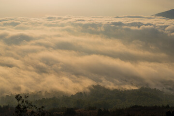 Scenic view of clouds and mist at sunrise