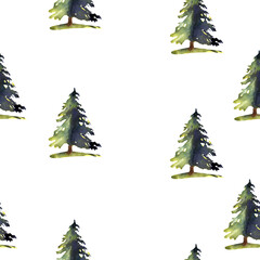 Seamless pattern illustration with pine trees isolated on white background - 389691240