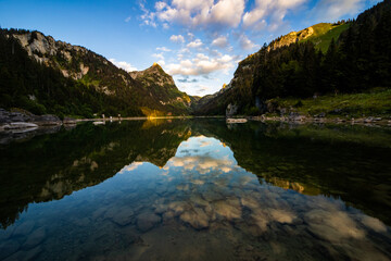 Lake in the swiss alps at sunrise