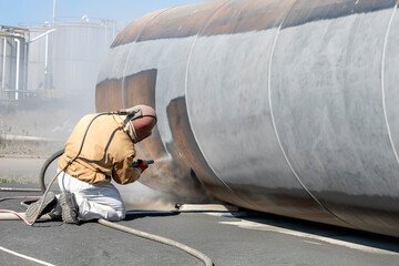 The sandblaster is sanding to steel pipe material. Abrasive blasting, more commonly known as...