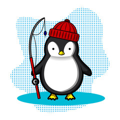 Pinguin ready to fishing. Vector illustration. Cute animal cartoon