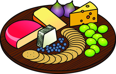 A cheese platter with a selection of cheeses, fruit and crackers.