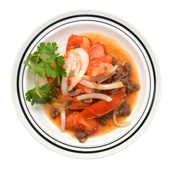 dish of fried beef with vegetables isolated on white background