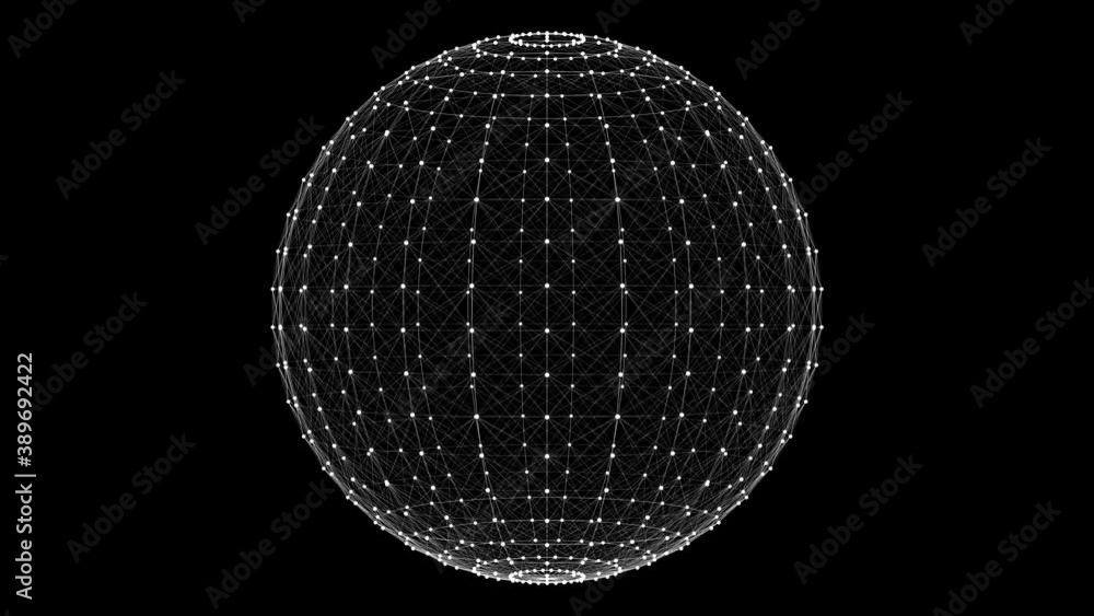 Poster 4k animated 3d wireframe sphere rotating on its axis on a black background.3d rendering