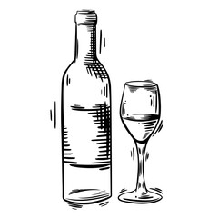 Bottle of vine and glass sketch. Vector illustration on isolated background. Hand drawn vector illustration.