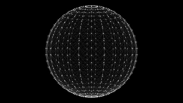 4k animated 3d wireframe sphere rotating on its axis on a black background.3d rendering