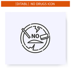 Obraz premium No cocaine line icon. International day against drug abuse.Forbidden sign with cocaine powder. Drugs icon in prohibition red circle. Say no to addiction.Isolated vector illustration.Editable stroke 