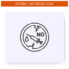 No heroin line icon. International day against drug abuse. Forbidden sign with heroin injection syringe. Drugs icon in prohibition red circle. Isolated vector illustration. Editable stroke 