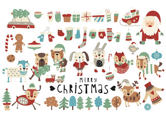 Christmas animals, santa claus, decorations, xmas elements and symbols isolated on white background. Christmas scandinavian collection. Vector illustration.