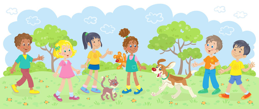 Happy children of different nationalities walk in the summer park with their pets. In cartoon style. Isolated on white background. Vector flat illustration.