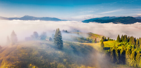 Panoramic morning scene of Stebnyi village. Bright summer view from flying drone of Carpathian mountains, Ukraine, Europe. Beauty of nature concept background.