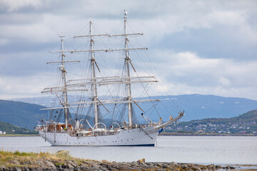  Old sail ship Christian Radich for anchors at Brakholmen in Nordland county