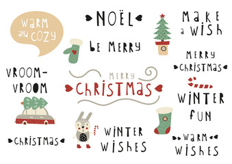 Set of lettering -  Christmas quotes, phrases and words. Graphic design for packaging, posters, greeting cards, DIY. Vector illustration. Christmas theme.