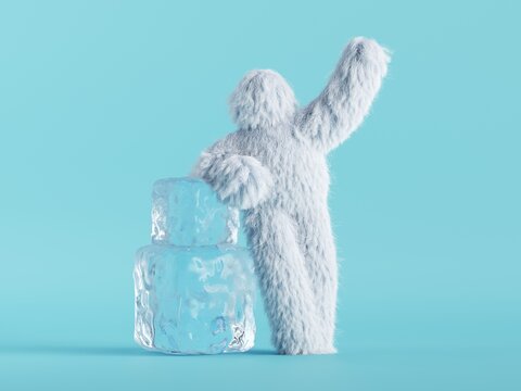 3d render, white hairy yeti stands near big ice cubes, bigfoot cartoon character. Winter clip art isolated on mint blue background
