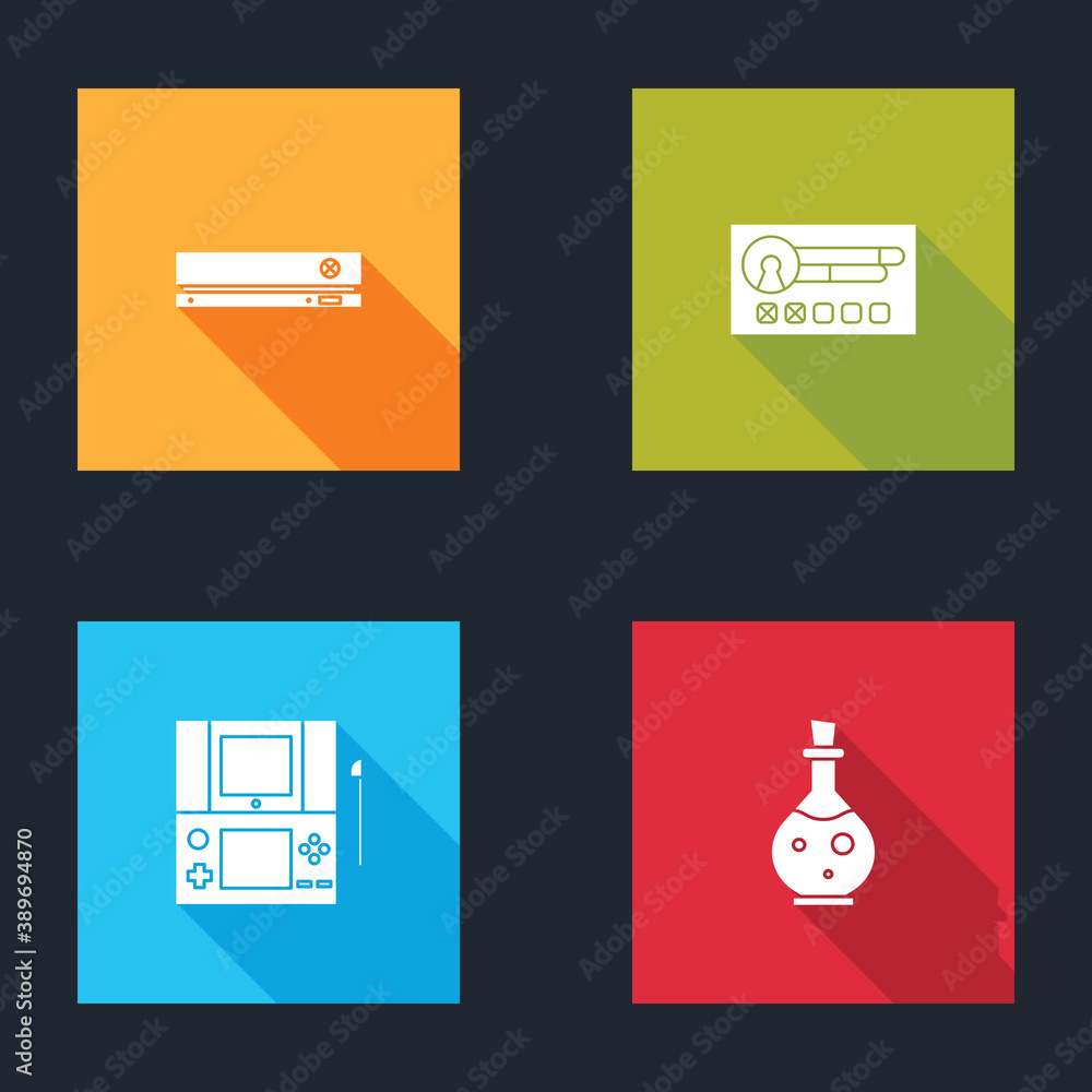 Poster set video game console, create account screen, portable video and bottle with magic elixir icon. vec