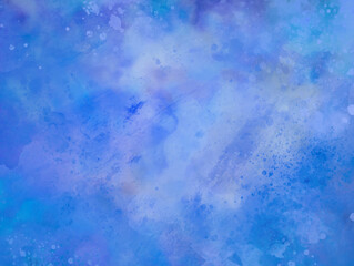 blue watercolor background texture or purple blue and white abstract painted clouds in stormy sky with paint spatter in old vintage textured grunge design