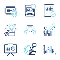 Education icons set. Included icon as Checked calculation, Recovery ssd, Certificate signs. Creative idea, Diagram graph, Receive file symbols. Presentation, Employee result line icons. Vector