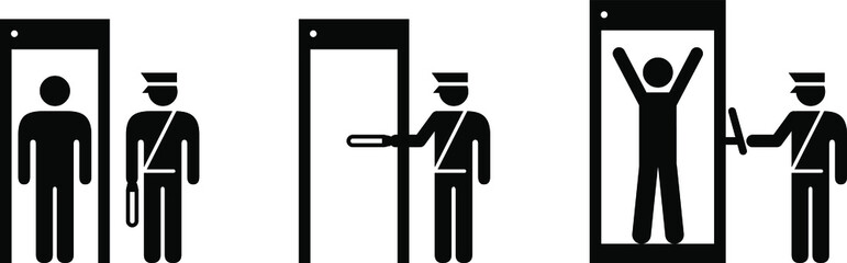 People icons: airport/transport security. Metal detector arch, metal detector wand and full body scanner.