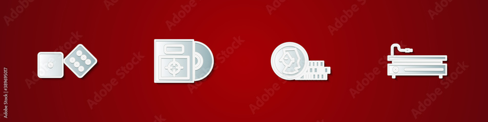 Poster set game dice, cd or dvd disk in box, coin for game and video console icon. vector.