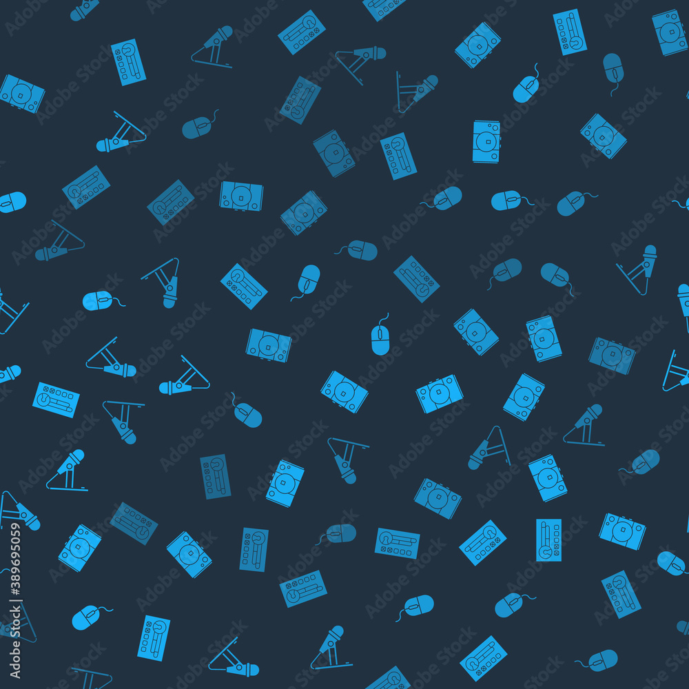 Poster Set Create account screen, Video game console, Computer mouse and Microphone on seamless pattern. Vector.