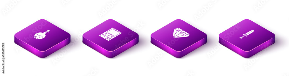 Poster set isometric bottle with magic elixir, retro arcade game machine, diamond and sword for icon. vecto
