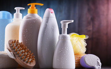 Plastic contaiers of shampoos and shower gels