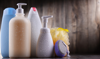Plastic contaiers of shampoos and shower gels