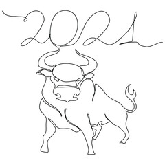 Bull Continuous one line drawing. Chinese New Year 2021 Year of the Ox painted in a modern minimalist style. Black outline vector graphics.
