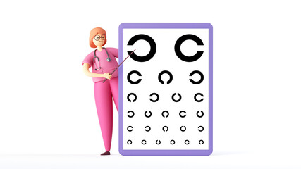 3d render, cartoon character woman doctor wears pink uniform and glasses. Eye test, vision check up. Medical clip art isolated on white background.