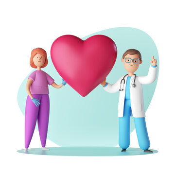 recommend clip art: 3d render, doctor cardiologist with assistant, cartoon characters hold heart shape. Healthcare clip art. Medical consultation concept