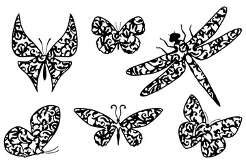Butterflies and dragonflies silhouettes with ornament. Graphics for paper cut on white background