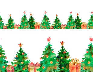 Christmas tree and gifts horizontal seamless pattern. Watercolor illustrations for festive decor, printing invitations, cards, fabrics, textiles.