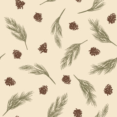 Christmas tree and pines botanical hand-drawn seamless pattern design for fabric, wrapping, textile, wallpaper, background.
