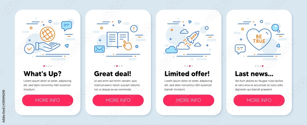 Poster set of line icons, such as read instruction, startup rocket, safe planet symbols. mobile screen mock