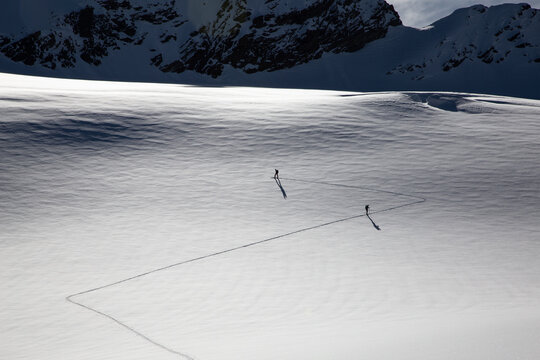 People ski touring in the swiss alps on a glacier