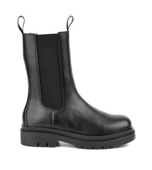 Women's shoes on a white background. Close up of a women's black leather chelsea boots on white background. Footwear for city, urban lifestyle or traveling. Concept of fashion, design and footwear.